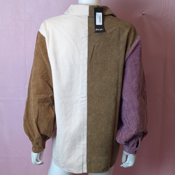 Nasty Gal Pink and Brown Corduroy Color Block Oversized Button Up Shirt size 6 - Picture 2 of 5